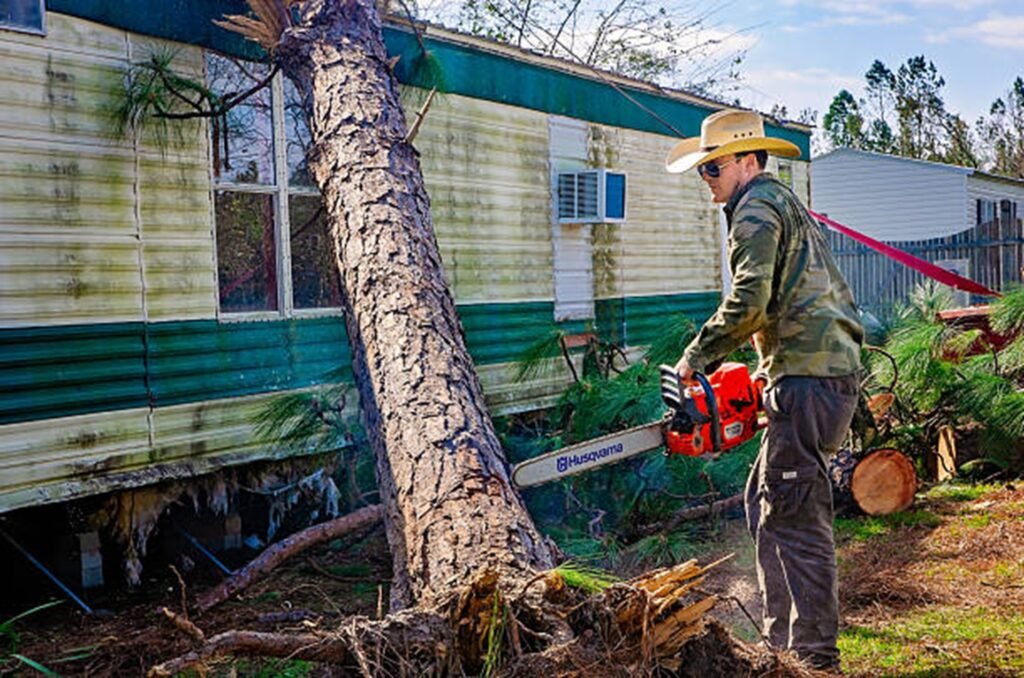 Storm-damaged tree leaning against a residential home before emergency tree removal service in Maryland Heights, MO.