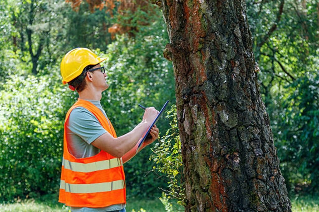 Certified arborist inspecting a storm-damaged tree to evaluate safety risks and recommend professional tree care services in Wentzville, MO.